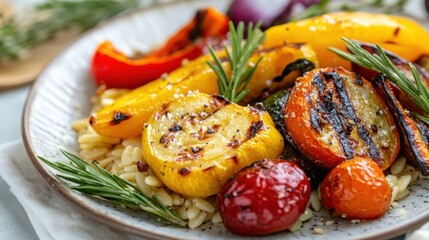 Delicious orzo with roasted vegetables garnished with rosemary for a healthy meal