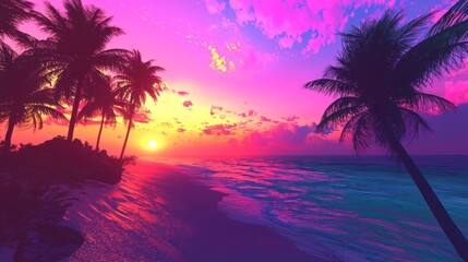 Vibrant Sunset Paradise: Tropical Beach at Dusk