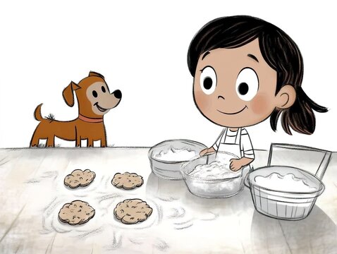 Girl baking cookies in a bright kitchen with a cheerful dog