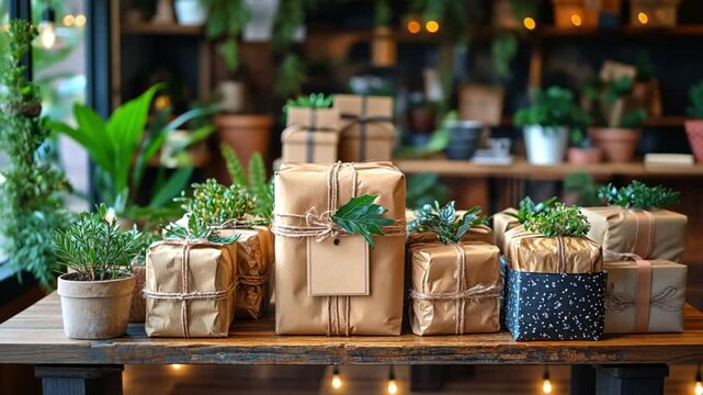 Eco-Friendly Gift Collection: Rustic Brown Paper Wrapped Presents with Succulents