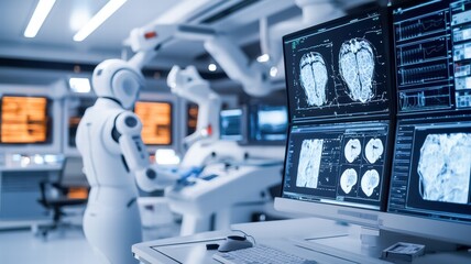 A futuristic medical lab featuring a humanoid robot and advanced imaging displays, highlighting the intersection of technology and healthcare.
