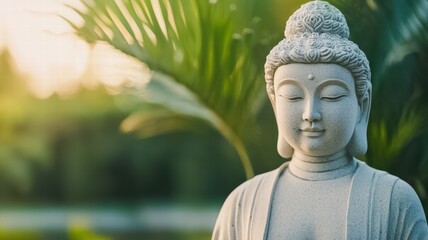 A serene Buddha statue surrounded by lush greenery, symbolizing peace, spirituality, and mindfulness in a tranquil setting.