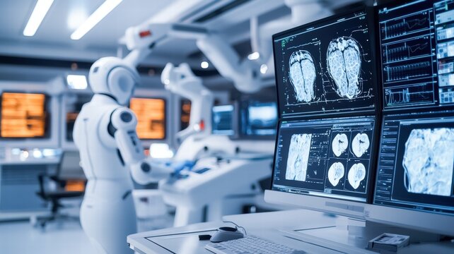 A futuristic medical lab featuring a humanoid robot and advanced imaging displays, highlighting the intersection of technology and healthcare.