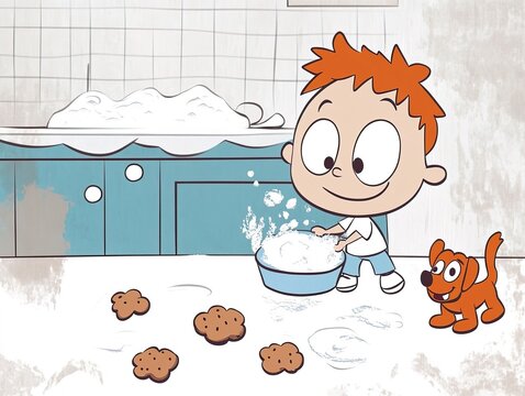 Boy playing with flour and baking cookies in a cartoon kitchen
