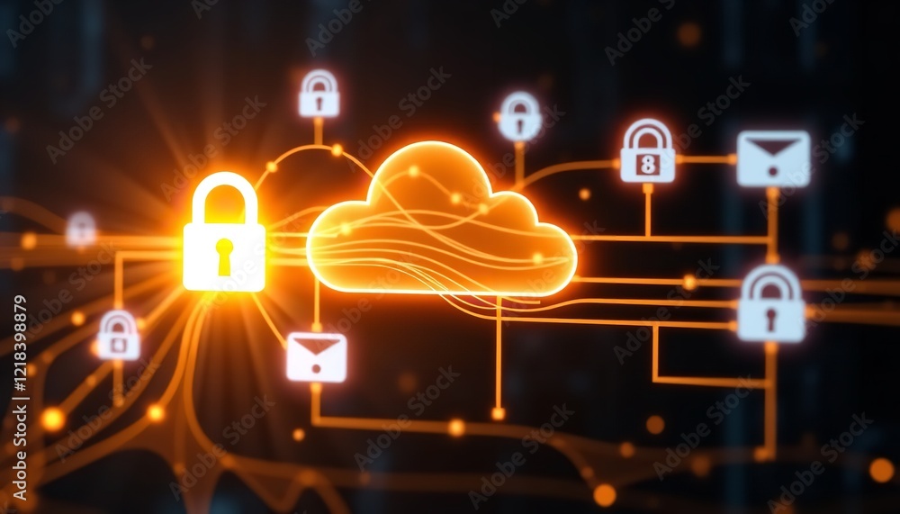Poster secure cloud computing network digital technology data protection safety orange glow abstract backgr