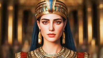 A regal queen adorned in Egyptian jewelry and attire, with an intricate headdress and a striking gaze, set against a backdrop of ancient opulence.