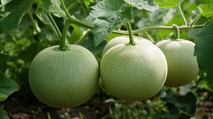 Fresh green melons growing on vines in a lush garden setting Melon Day