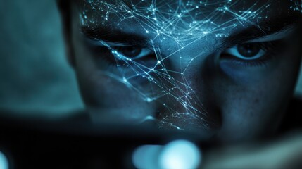 Young male engaged in digital technology with futuristic augmented reality interface