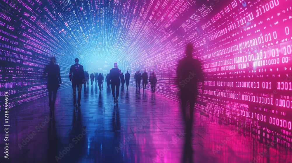 Poster people walk through a striking digital environment illuminated by vibrant purple and blue hues, surr