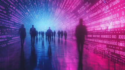 People walk through a striking digital environment illuminated by vibrant purple and blue hues, surrounded by cascading streams of binary code, evoking a sense of innovation and movement