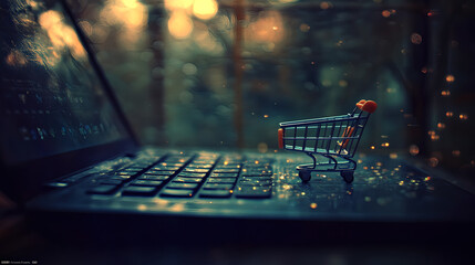 A miniature shopping cart placed on top of an open laptop, symbolizing online e-commerce and the concept of operating a web-based store through social media platforms. The background is blurred 