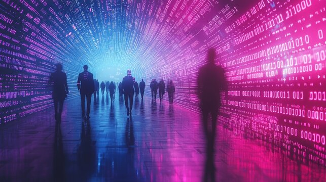 People walk through a striking digital environment illuminated by vibrant purple and blue hues, surrounded by cascading streams of binary code, evoking a sense of innovation and movement