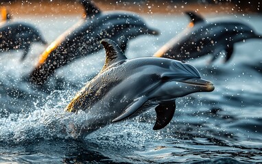 Fototapeta premium Dolphins leaping from ocean water at sunset.