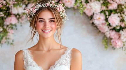 Naklejka premium Beautiful Bride in White Lace Wedding Dress with Floral Crown