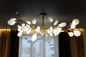 An intricately designed chandelier gracefully hangs from the living room ceiling, enhancing the decor and creating a warm, inviting atmosphere that welcomes family and guests alike