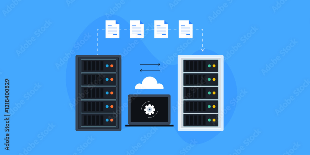 Aufkleber server migration, transferring online data with cloud server connection, internet technology vector 