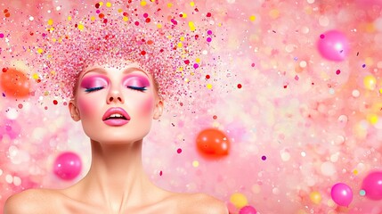 Enchanted Woman Surrounded by Pink Confetti and Sparkling Lights
