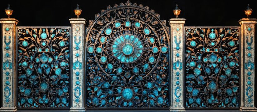 Intricate wall with ornate blue and turquoise designs and ajour gates, set against a dark background, showcasing exceptional craftsmanship and elegance.