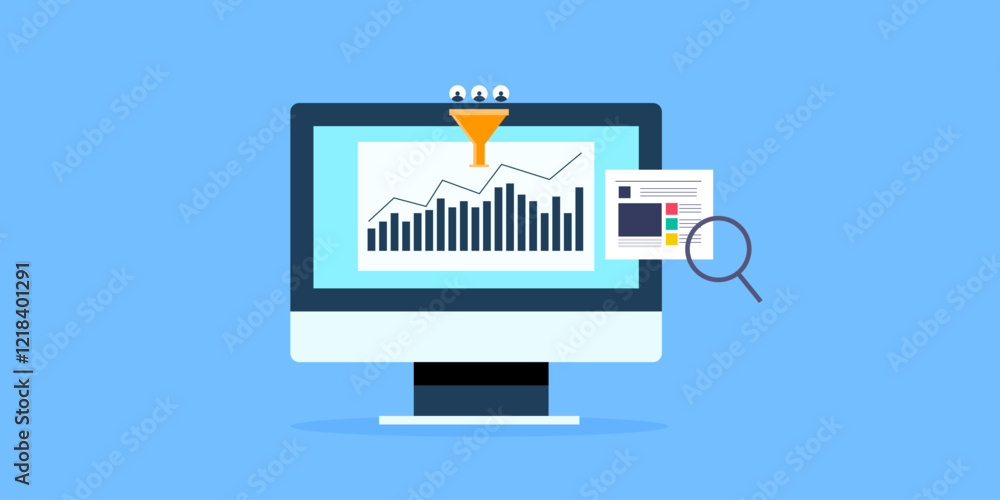 Fototapete website analytics graph data on computer screen shows web traffic, sales conversion, page browsing i
