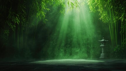 Obraz premium Mystical Bamboo Forest with Rays of Light and a Stone Path