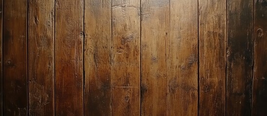 Obraz premium Richly textured dark brown wooden wall with vertical planks displaying natural patterns and subtle weathering, ideal for rustic backgrounds.