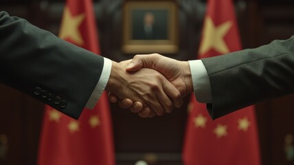 A handshake between two individuals in front of Chinese flags symbolizes diplomacy and cooperation.