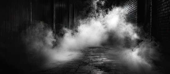 Eerie dark alley with dense smoke on the floor dark brick walls create a mysterious atmosphere inviting curiosity into hidden shadows