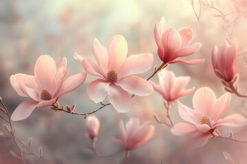 Obraz premium Beautiful pink magnolia flowers blooming in spring garden