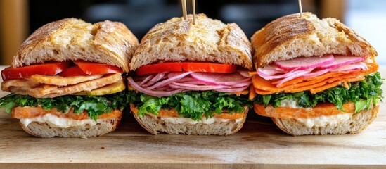 Fototapeta premium Fresh whole grain sandwiches with vibrant green lettuce, juicy red tomatoes, and colorful sliced vegetables, presented in a rustic wooden setting.