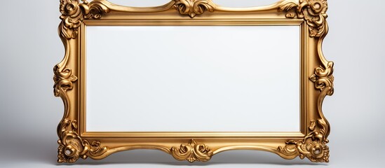 Elegant antique gold frame with intricate carvings displayed horizontally on a light gray backdrop, featuring a blank white center for customization.