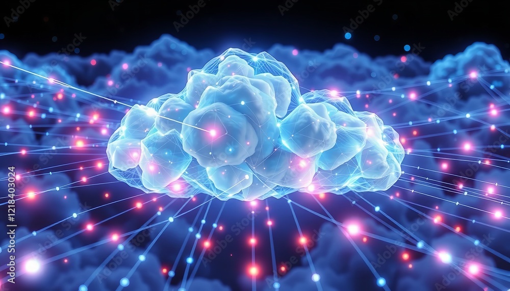 Poster abstract digital cloud network technology data global connection futuristic blue pink illuminated no