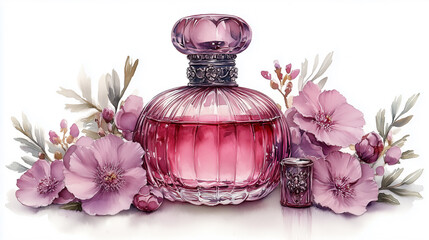 Stunning pink perfume bottle surrounded by delicate flowers, radiating a romantic and lush aesthetic