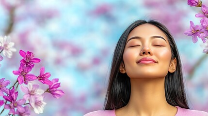 Fototapeta premium Serene Woman Amidst Blossoming Spring Flowers