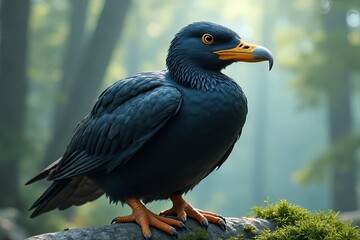 Fototapeta premium A majestic black bird perches on a mossy log, surrounded by a misty forest, exuding a sense of tranquility and natural beauty.