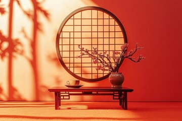 Cena minimalista com decora&ccedil;&atilde;o asi&aacute;tica tradicional em tons quentes de vermelho e laranja, com x&iacute;caras de ch&aacute; e sombra de flores de cerejeira em um ambiente iluminado, criada com IA generativa.
