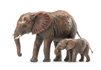 Fototapeta premium An adult African elephant with two young elephants behind it, walking side by side, in a photo-realistic image isolated on a white background. 