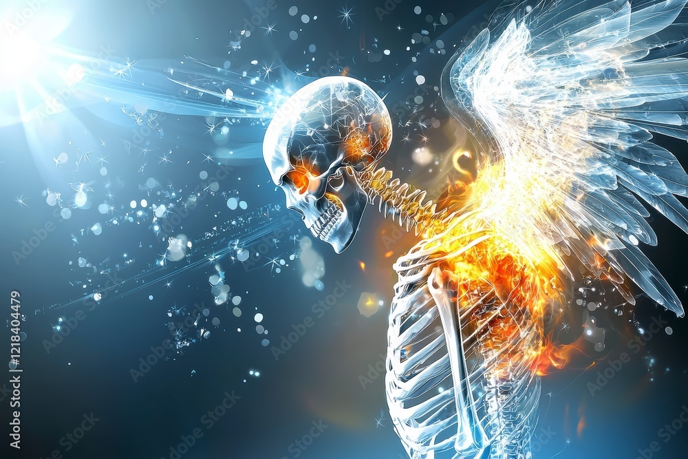 Poster ethereal skeleton with fiery wings fantasy realm digital art surreal background side view concepts o