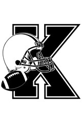 Fototapeta premium Football helmet and ball with letter K, Black and white illustration featuring the letter K with a football helmet and ball, symbolizing sports, teamwork, and athletic pride. 