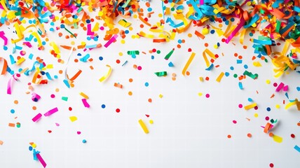 Colorful confetti scattered on a white surface, perfect for celebrations and festive occasions. on white background