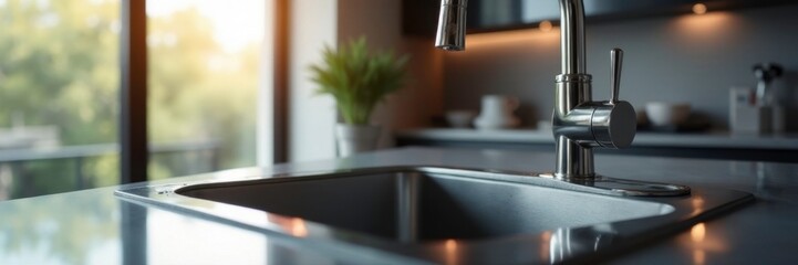 Glossy stainless steel sink with modern faucet, sleek, modern kitchen, faucet