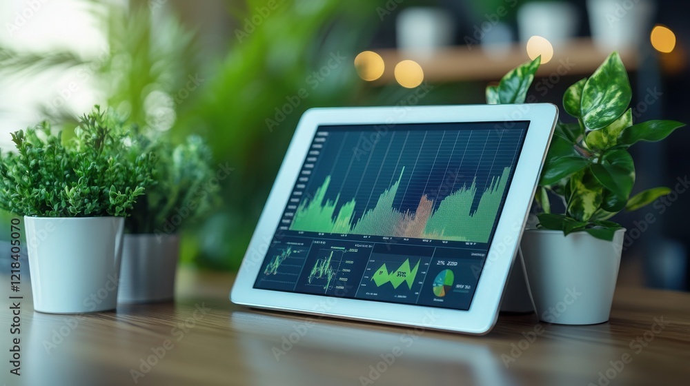 Aufkleber a tablet displays colorful graphs and data analytics, surrounded by potted plants, creating a modern