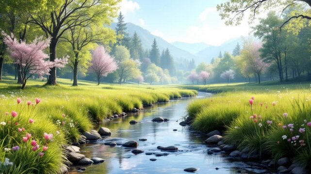 Peaceful spring meadow bordered by a crystal-clear creek
