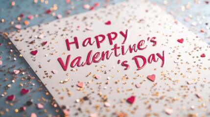 A close-up of a modern and minimalistic Valentine's Day card with Happy Valentine's Day written in bold, clean lettering, accompanied by tiny heart-shaped confetti