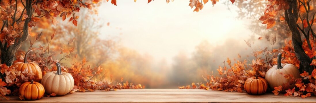 Autumn Landscape with Vibrant Leaves and Pumpkins on Wooden Table, Evoking Cozy Fall Vibes and Seasonal Celebrations in a Scenic Nature Setting