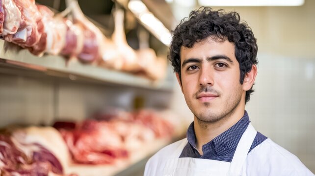 A young butcher stands confidently in front of a display of meats, showcasing his profession in a vibrant shop environment.