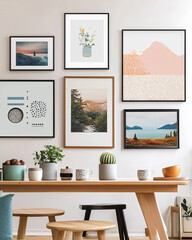 Modern Interior with Artistic Gallery Wall and Wooden Furniture Featuring Potted Plants and Decorative Mugs