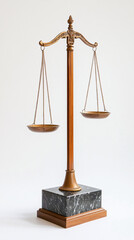 antique brass scale of justice with black marble base on white background