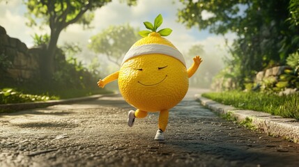 Cartoon lemon character running on a path in a park.