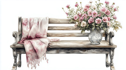 Charming rustic bench adorned with a soft blanket and vibrant flowers, perfect for garden settings or outdoor relaxation