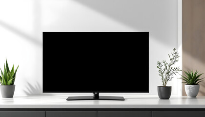 Modern living room with unbranded television on sleek table showcasing minimalistic decor and stylish wood furniture in the space
